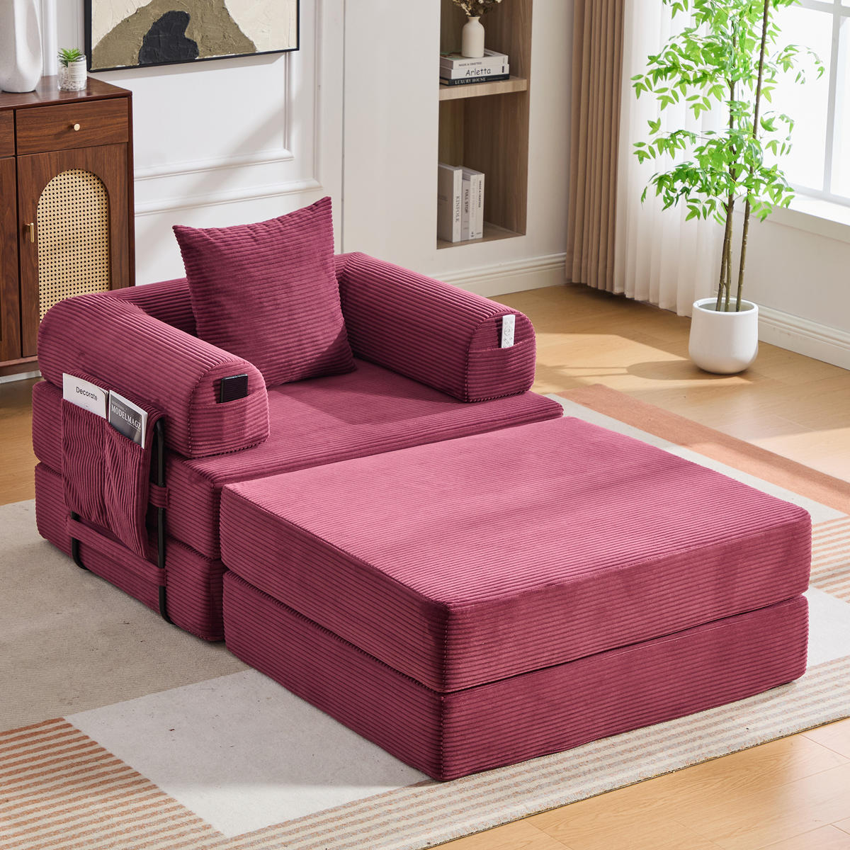 SOFA Cord Weinrot mit Kissen und Hocker - Weinrot, Textil/Metall (112/67/190cm) - WISHDOR