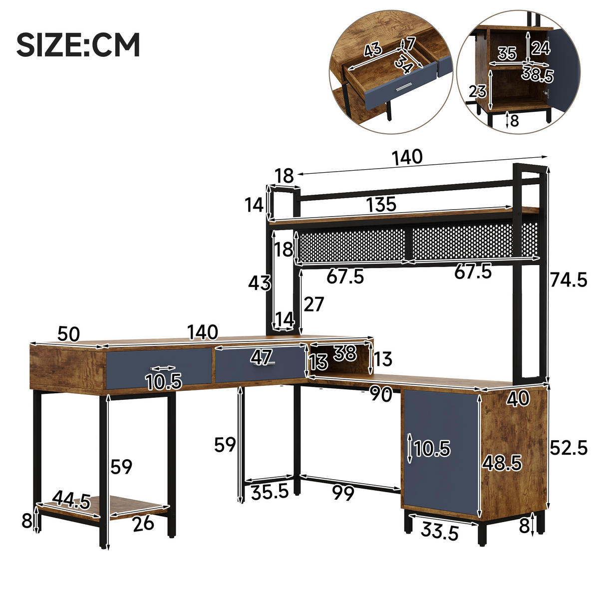 ECKSCHREIBTISCH Schwarz und Naturholzfarben 140/140/135 cm mit Schubladen und Regal - Schwarz, Holzwerkstoff (140/140/135cm) - PANGIVO