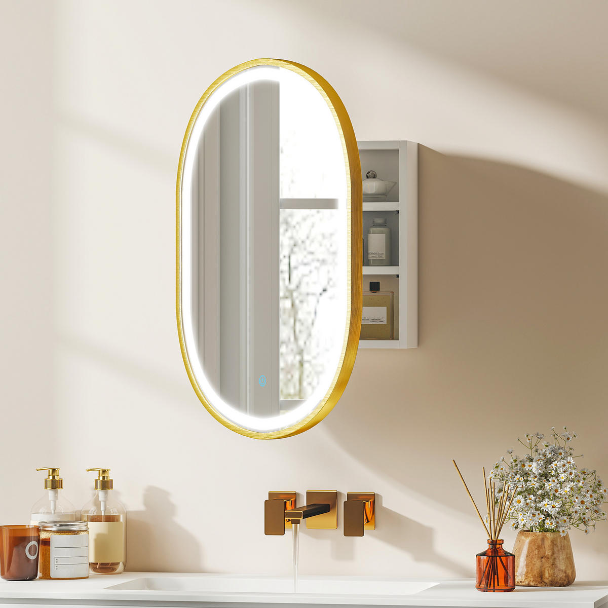 SPIEGELSCHRANK Goldfarben 50/14,5/70 cm mit LED-Beleuchtung - Goldfarben, Glas (50/70/14.5cm) - PANGIVO