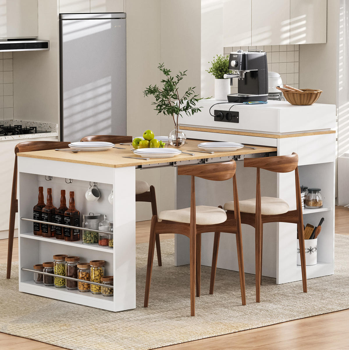 KÜCHENINSEL 83/46-146,5/96 cm aus MDF und Glas mit ausziehbarer Tischplatte Weiß - Weiß, Holzwerkstoff (83/96/46cm) - Modenvie