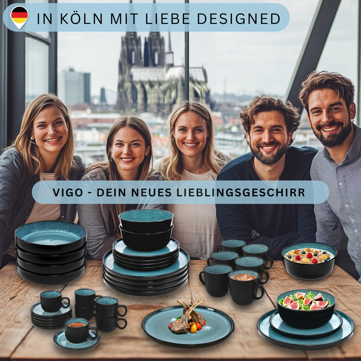 TAFELSERVICE VIGO - 36 teilig aus Steingut 12 Personen - Blau, Stein (50/30/80cm) - Sänger