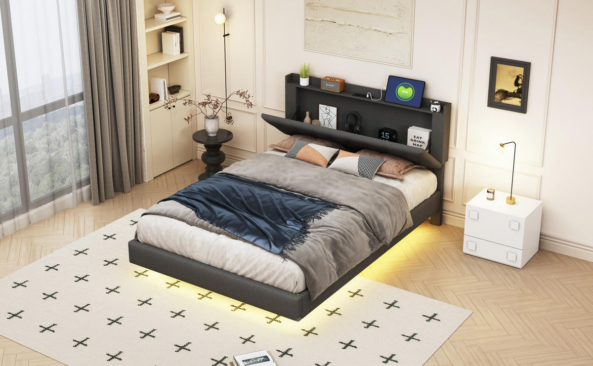 POLSTERBETT 140x200 cm LED USB grau - Grau, Textil (140/200cm) - LEBENLANG