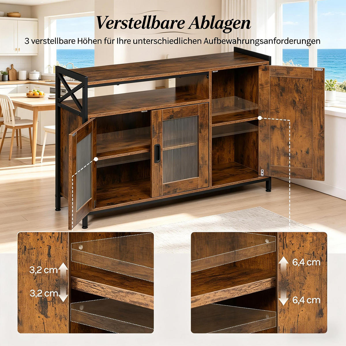 SIDEBOARD DE-38809 110/33/75 cm, offenes Fach und 2 Türen Rustikal Braun - Dunkelbraun, Holzwerkstoff (110/75/33cm) - ComfortXL