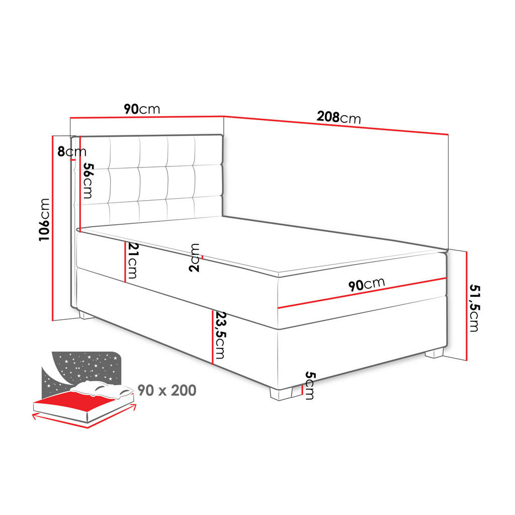 Thumbnail - Mirjan24 Boxbett, Blau, Textil, H3, Höhe ca. 21 cm, Rechteckig, 90x200 cm, Schlafzimmer, Betten, Boxspringbetten
