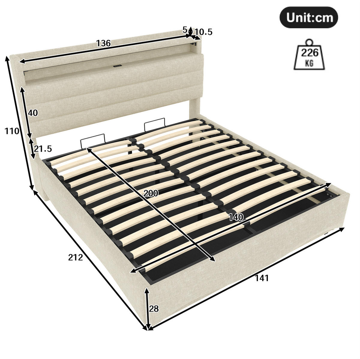 POLSTERBETT 140/200 cm grau aus Leinen mit LED und Stauraum - Grau, Textil (140/200cm) - OKWISH