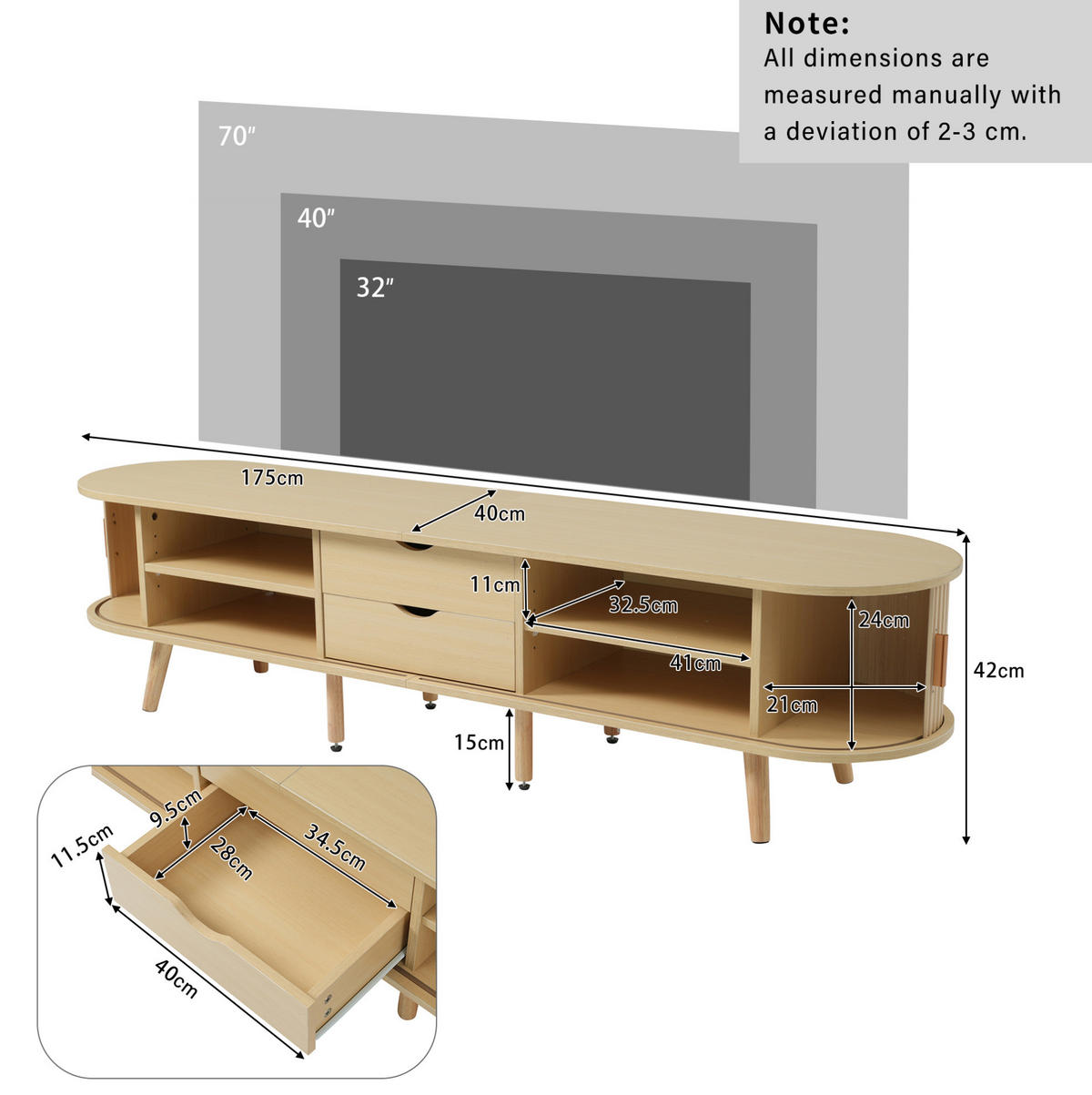 TV-SCHRANK in heller Walnussoptik, oval mit 2 Schubladen 175/40/42 cm - Eichefarben, Holzwerkstoff (175/42/40cm) - Redom