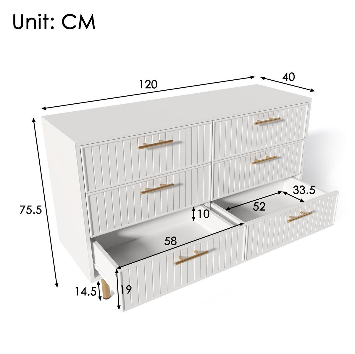 KOMMODE, 2 Türen & 3 Schubladen, höhenverstellbarer Einlegeboden, Metallfuß, 120x40x75 cm, Weiß - Weiß, Holzwerkstoff (40/75/120cm) - Modfu
