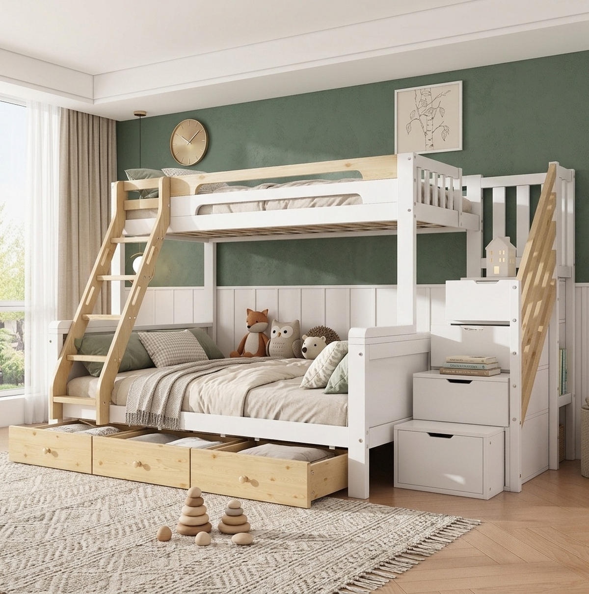 ETAGENBETT aus Massivholz 90x200/140x200 cm Weiß Natur mit Stauraumtreppe, Leiter und 3 Bettkästen - Weiß, Holz (90/200cm) - Modfu