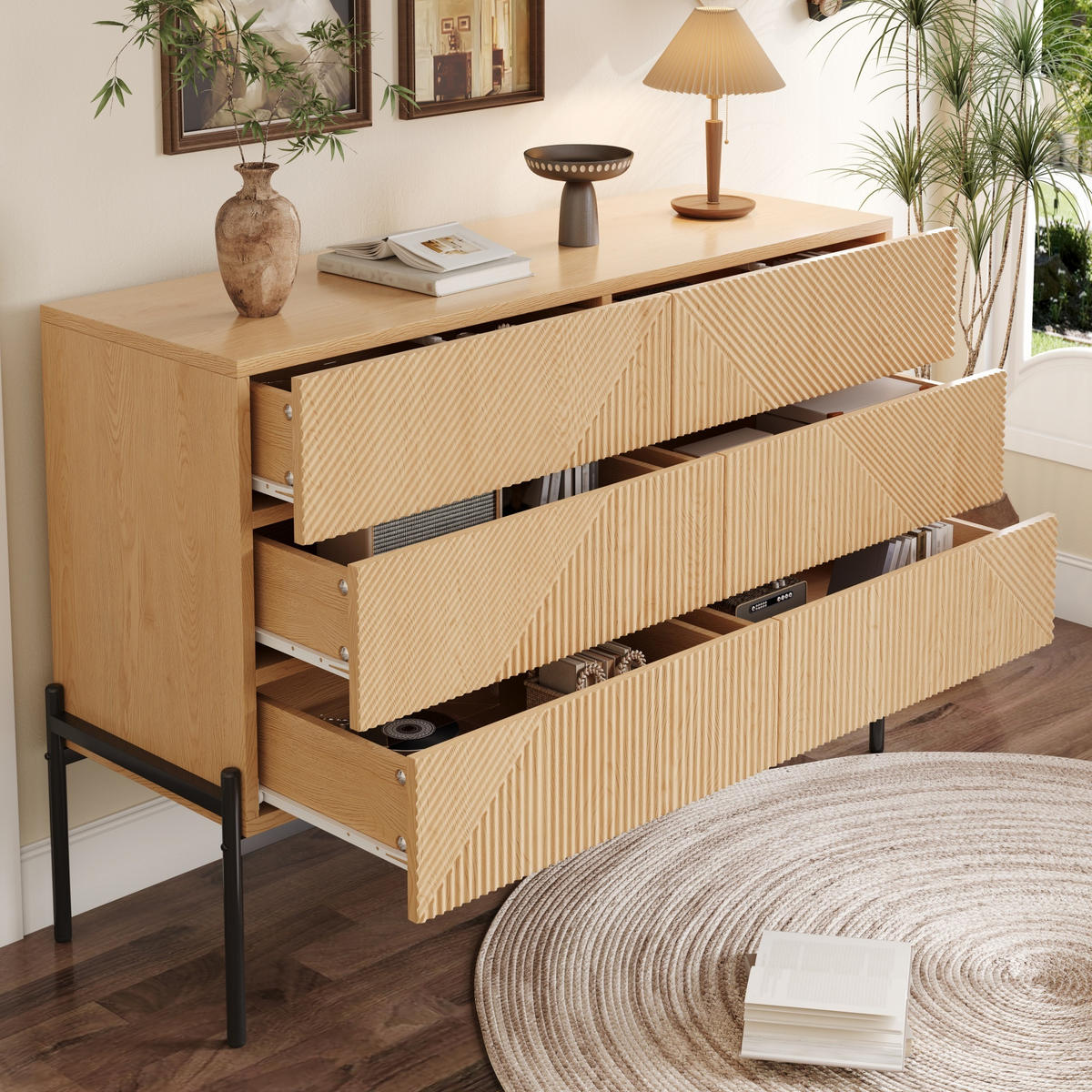 SIDEBOARD in Naturfarben Kommode mit 3D-Textur ,6 Schubladen und viel Stauraum für Wohn- und Esszimmer, B115.5/T38/H75cm - Schwarz/Naturfarben, Holzwerkstoff/Metall (115.5/75/38cm) - STILVORA