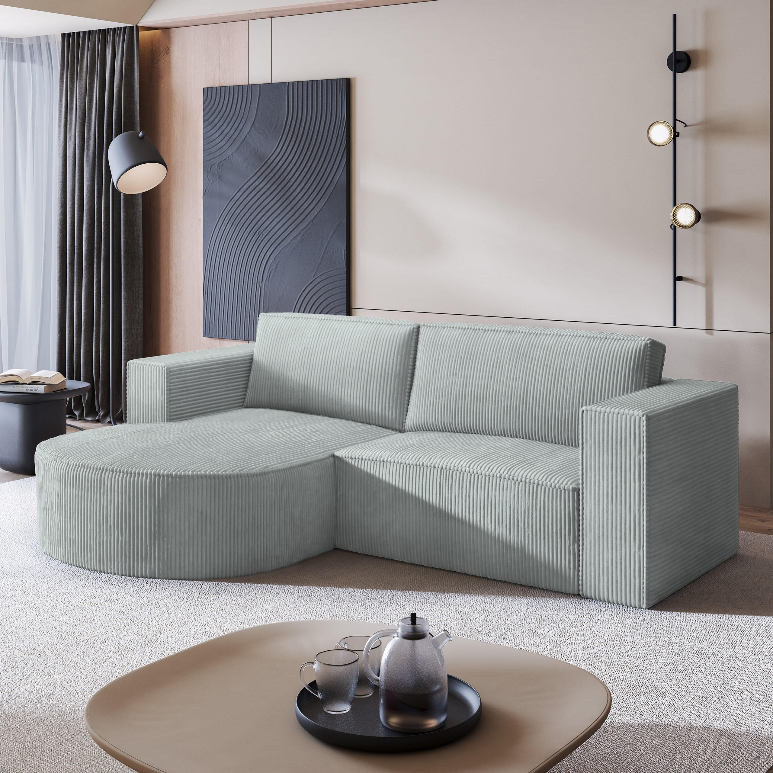 ECKSOFA SORELA P L-S Hellgrau Kordstoff mit Schlaffunktion - Hellgrau, Holz (263/174cm) - MASSENO