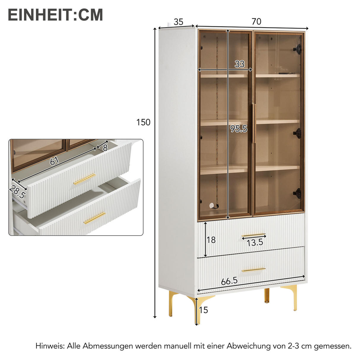 VITRINE, 2 Türen, LED-Licht, Goldbeine, Glas, 70x35x150cm - Weiß, Holzwerkstoff (35/150/70cm) - FLIEKS