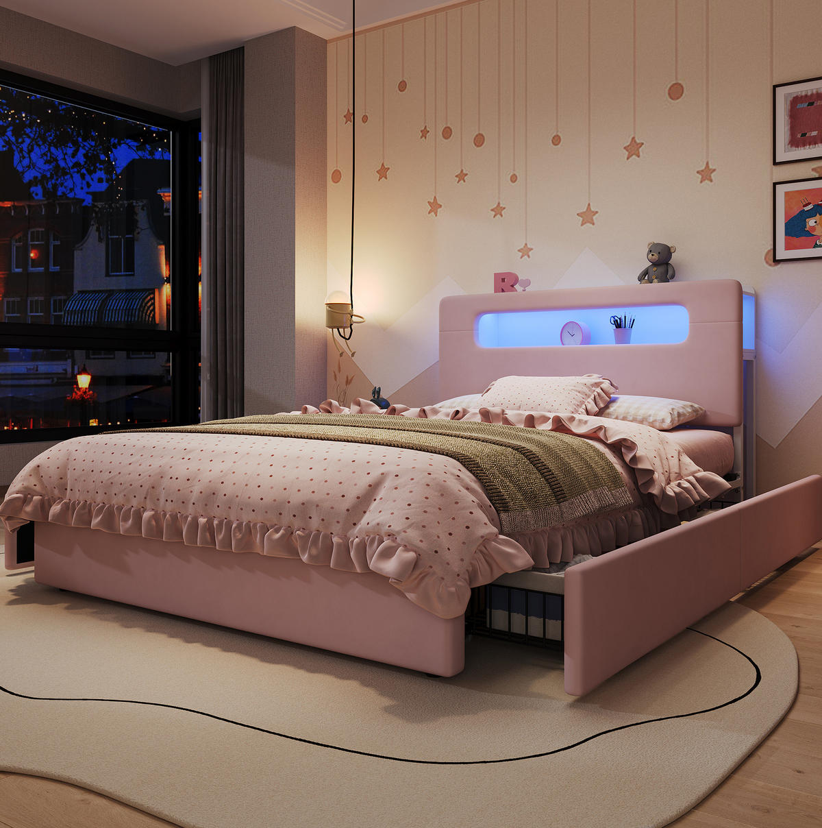 KINDER-POLSTERBETT Samt 140x200 cm Rosa mit 4 Schubladen, LED-Beleuchtung und offenem Kopfteil - Pink, Textil (140/200cm) - Modfu