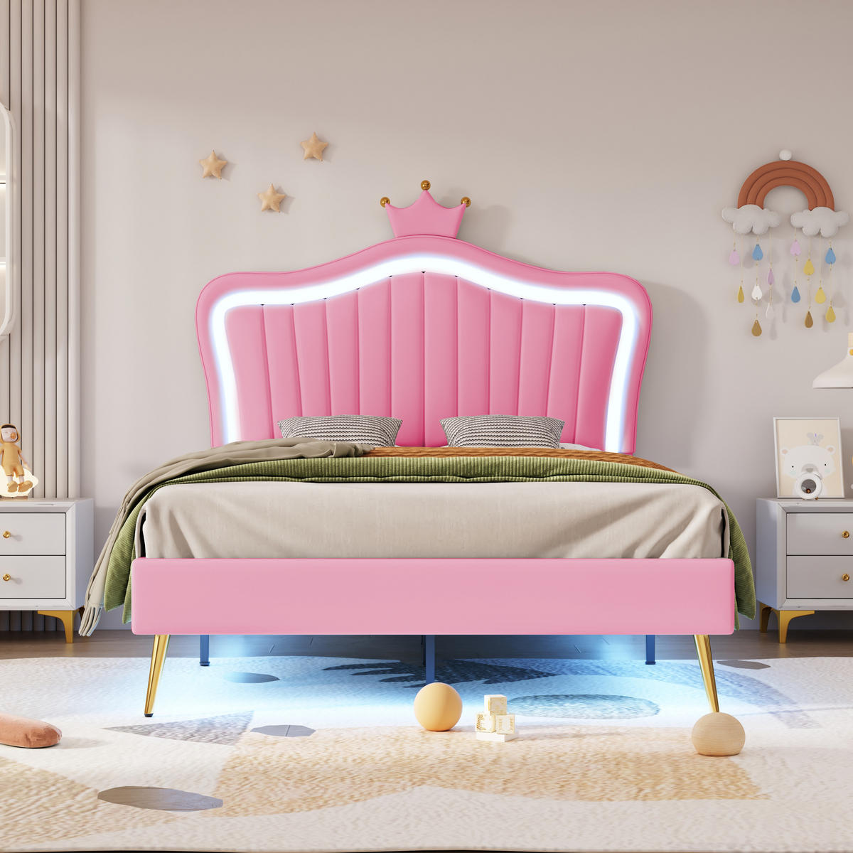 KINDERBETT 90/200 cm Rosa Polsterbett mit LED-Beleuchtung und Kronen-Design - Pink, Textil (90/200cm) - OKWISH