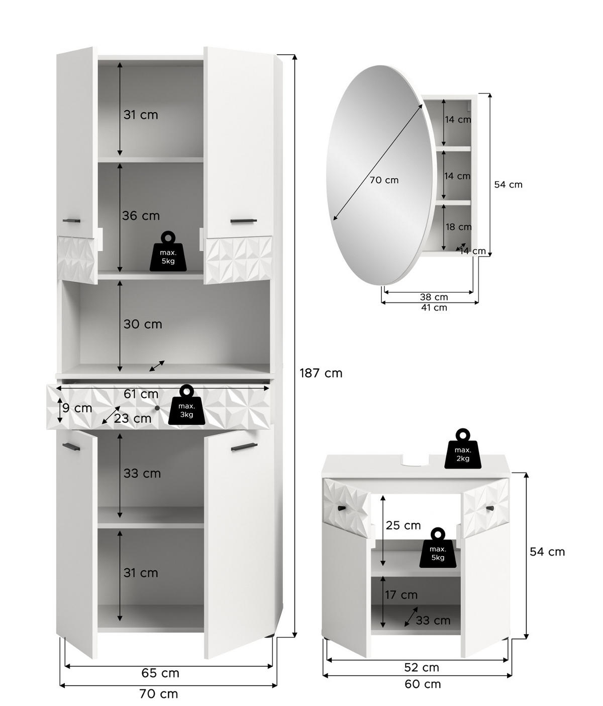 BADMÖBEL-SET weiß Hochglanz 3-teilig 155 cm, Komplettset mit 3D-Struktur - Weiß Hochglanz, Glas/Holzwerkstoff (155/187/37cm) - Inn.Furn