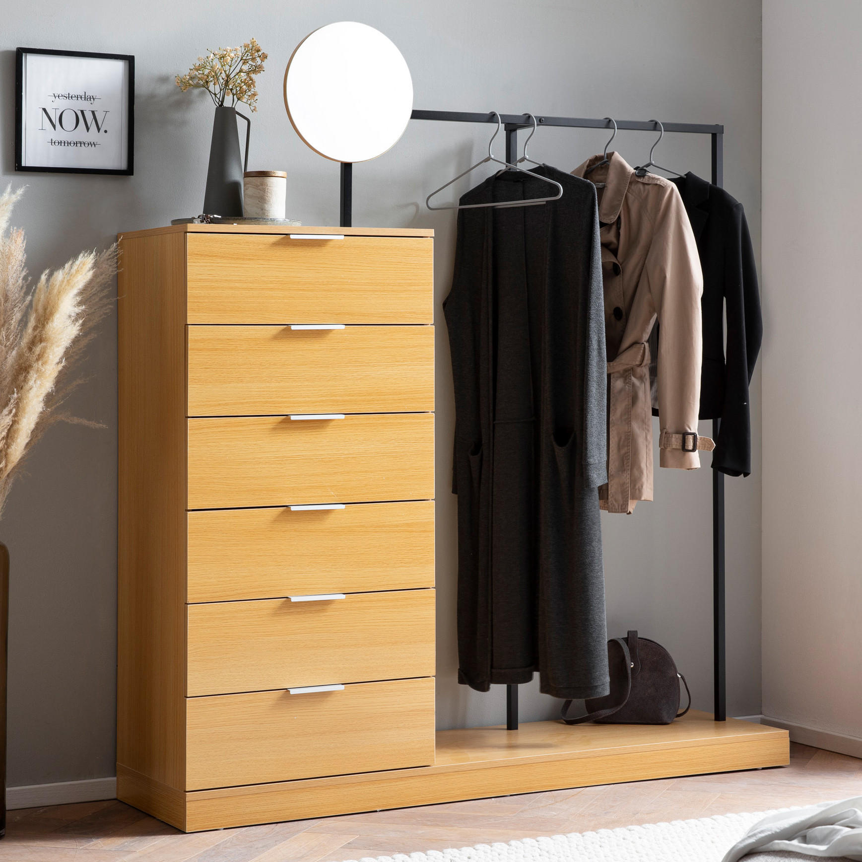 GARDEROBE Eiche-Dekor 145x165x40cm mit Spiegel und Kommode - Eichefarben/Braun, Glas (145/165/40cm) - KADIMA DESIGN
