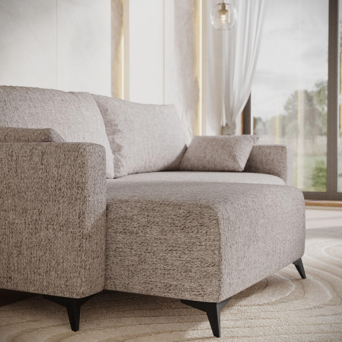 ECKSOFA NUVIO mit Schlaffunktion Beige im Neve Stoff - Beige/Schwarz, Holz/Holzwerkstoff (239/148cm) - AltaBeds