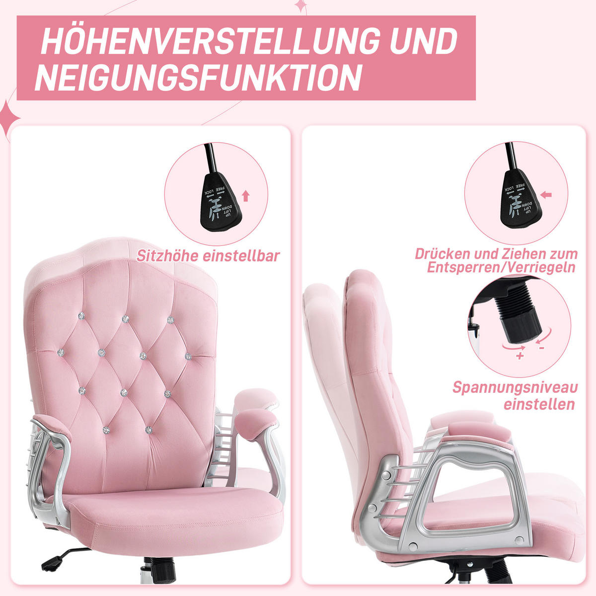 BÜROSTUHL, neigbare Lehne, höhenverstellbar, Samtoptik, bis 120 kg, Rosa - Rosa, Textil (61/114/61cm)