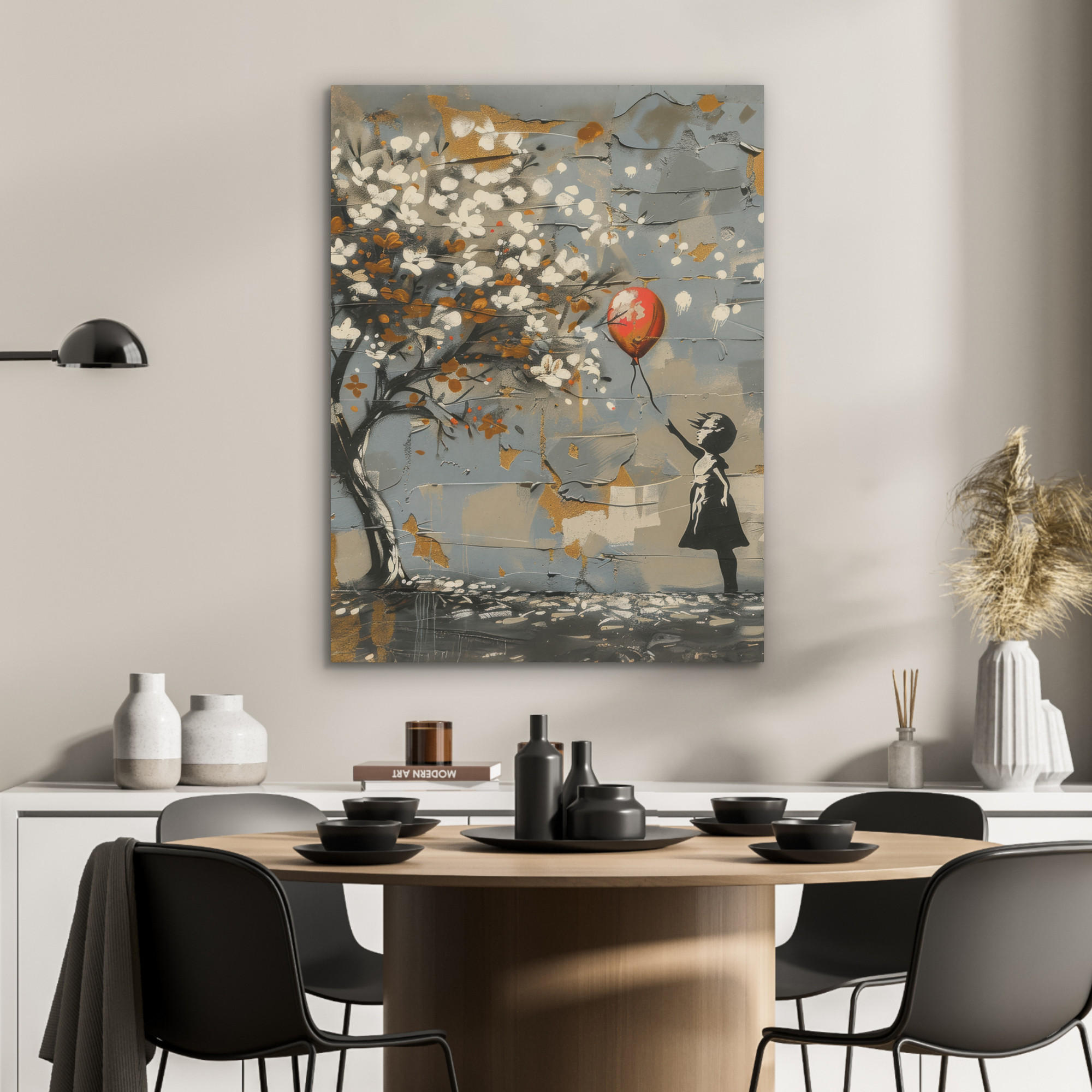AKUSTIKPANEEL Baum - Graffiti - Banksy-Stil - Ballon-Mädchen 60x80 cm - Blaugrau, Textil (60/0.9/80cm) - MuchoWow