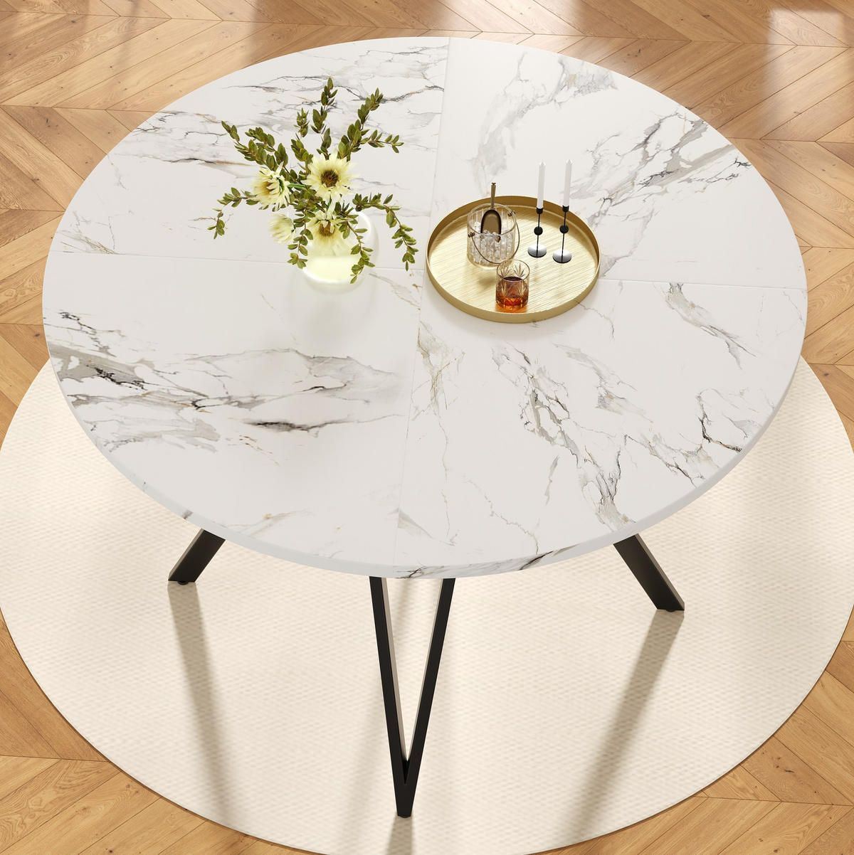 STOL za blagovaonicu 100/100/76 cm crni, MDF s mramornim dekorom, okrugli - crna, drvni materijal (100/100/76cm) - BEAOK
