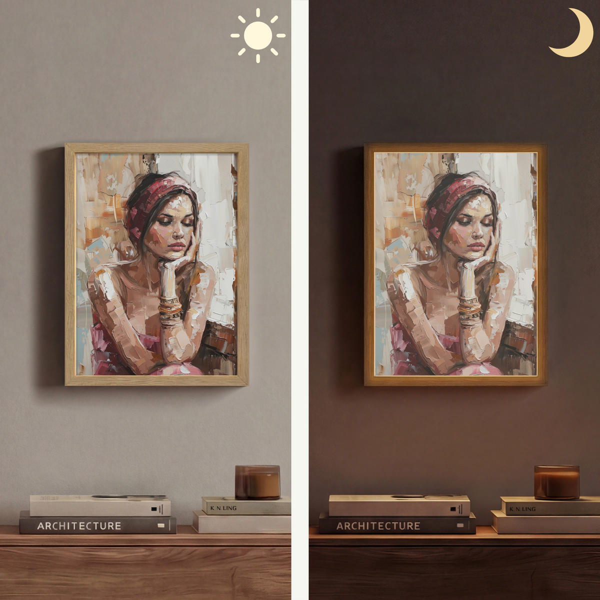 NÁSTĚNNÁ LAMPA S AKUMULÁTOREM Žena - vzhled malby - portrét - moderní 30x40 cm - hnědá, kompozitní dřevo (30/40/8cm) - OnlyWow