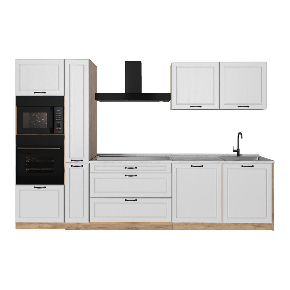 KUCHYNKA R-Line, Biely vidiecky dom/Dub Goldkraft, 310 cm Marmori työtaso - biela/farba duba, kompozitné drevo (310/206.8/60cm) - Vicco