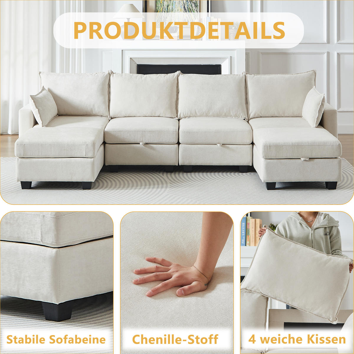 WOHNLANDSCHAFT DE-34550 U-Form mit Stauraum und 6-Sitzer Beige - Beige, Textil (141/87.6/289.6cm) - ComfortXL