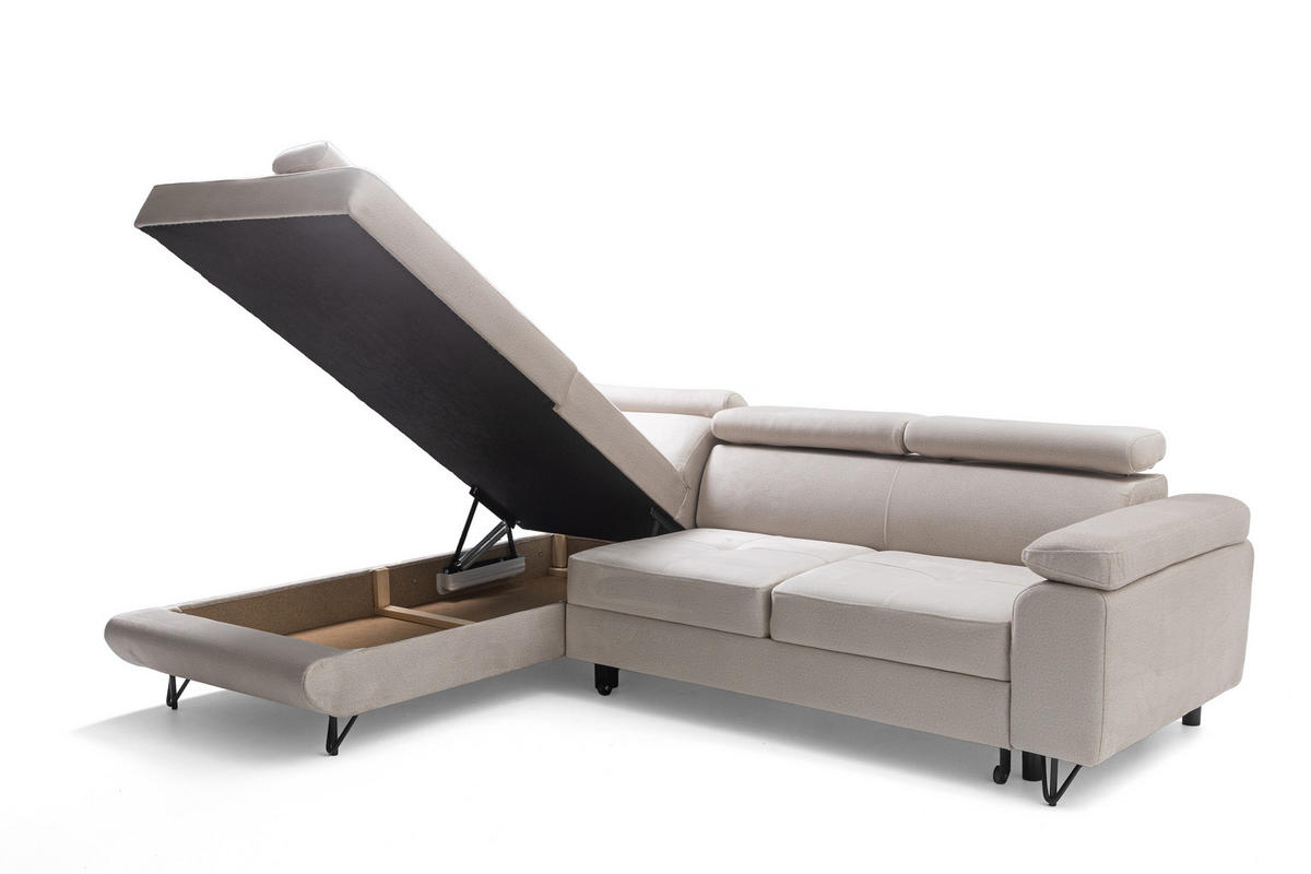 ECKSOFA JUNIOR L Links mit Schlaffunktion 194x128 Velours Creme - Creme/Schwarz, Holz/Textil (249/184cm) - Muffo