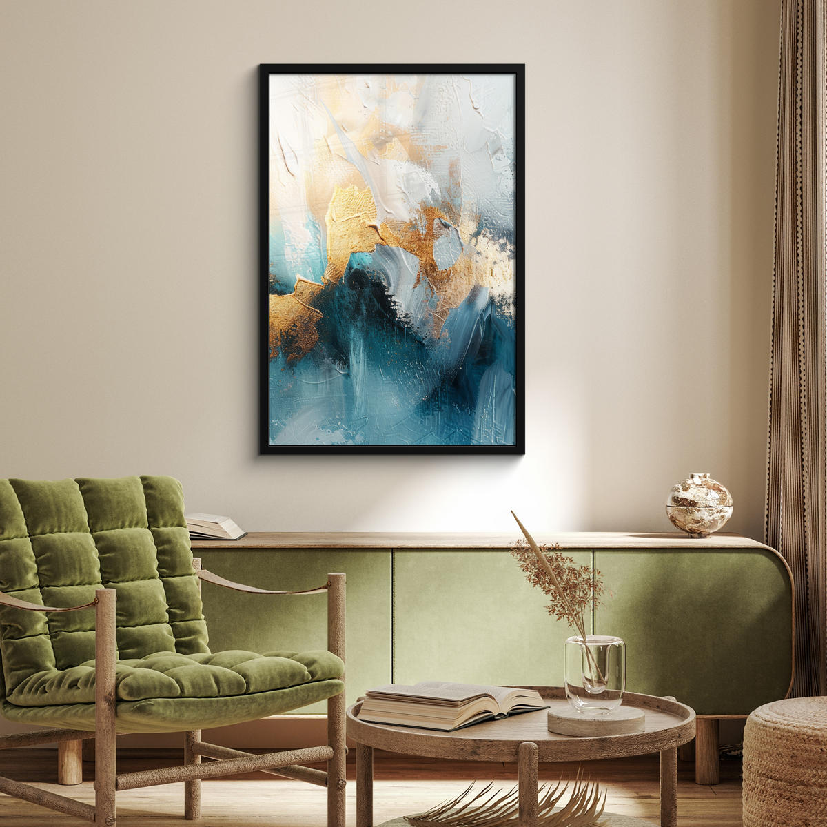 ZARÁMOVANÝ PLAGÁT Abstraktné - umenie - zlaté - modré 60x90 cm - petrolejová, papier (60/90cm) - MuchoWow