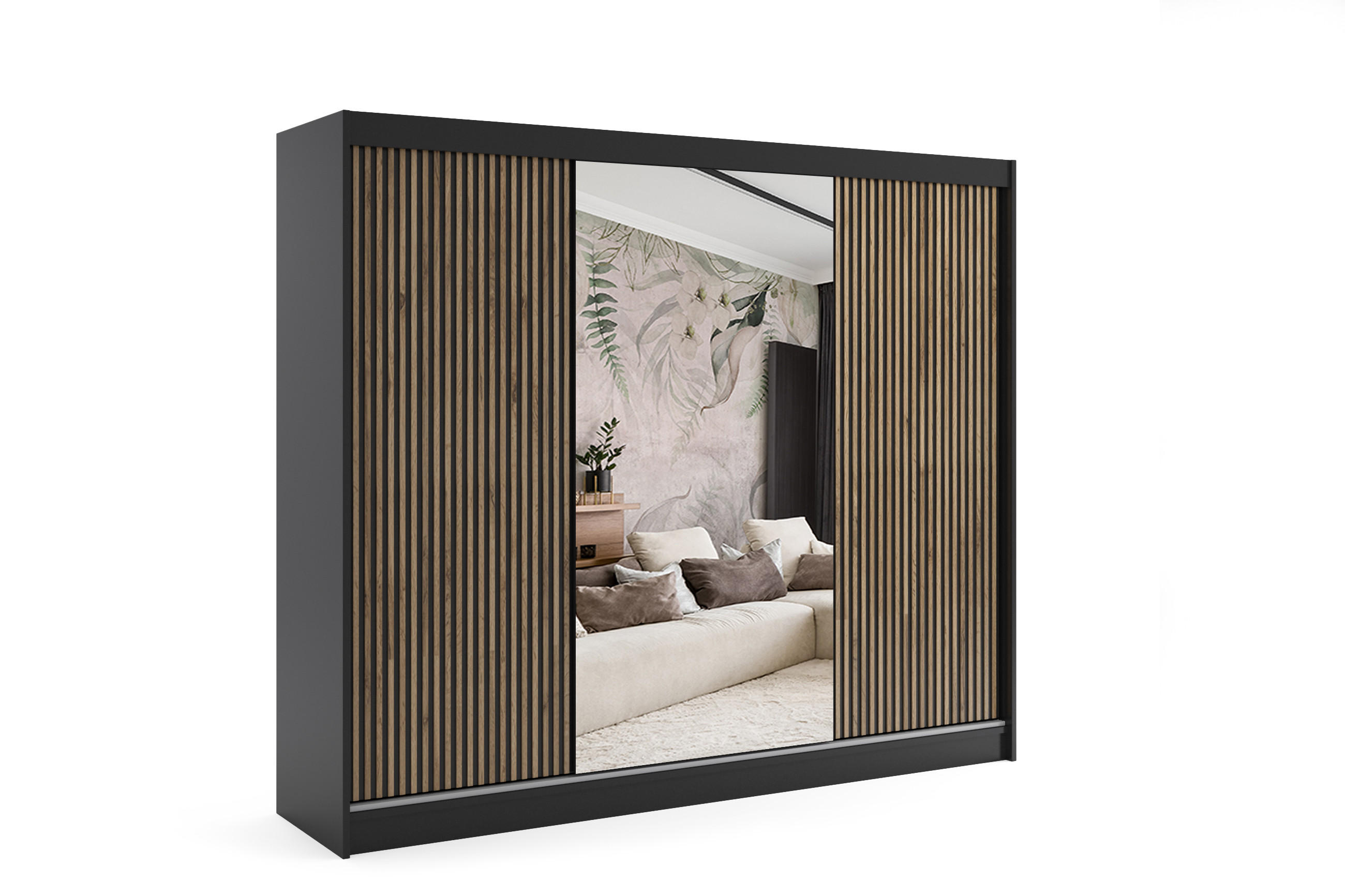ALTDECOR ŠATNÍ SKŘÍŇ VILAN s zrcadlem/LED – 250 cm – černá | dub wotan