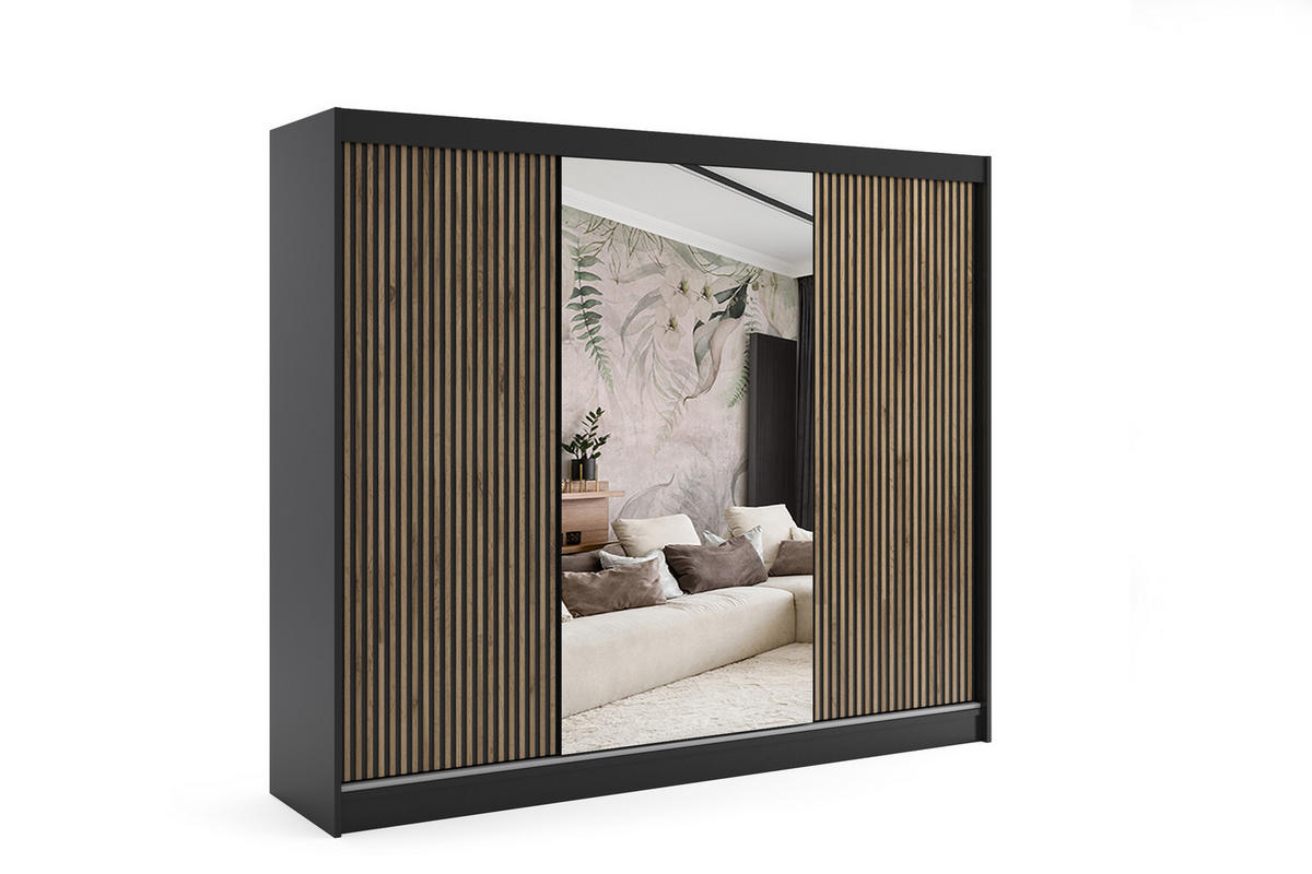 KLEIDERSCHRANK VILAN mit Spiegel/LED - 250 cm - Schwarz|Eiche Wotan - Eiche Wotan/Schwarz, Holzwerkstoff (250/215/61cm) - ALTDECOR