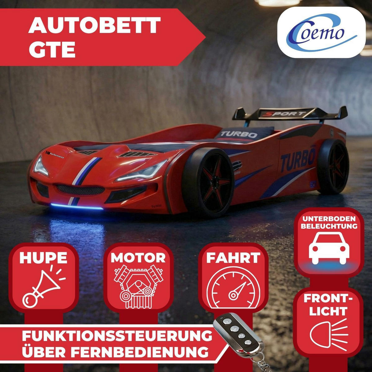 AUTOBETT GTE mit Rollrost, Licht und Sound Farbe Rot - Rot, Holzwerkstoff (90/200cm) - Coemo