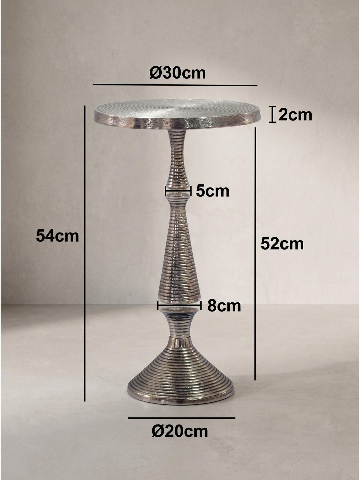 BEISTELLTISCH ROCCARASO, Aluminium, in Rillenoptik, Silber, Ø 30 x 54 cm - Silberfarben, Metall (30/30/54cm) - KADIMA DESIGN