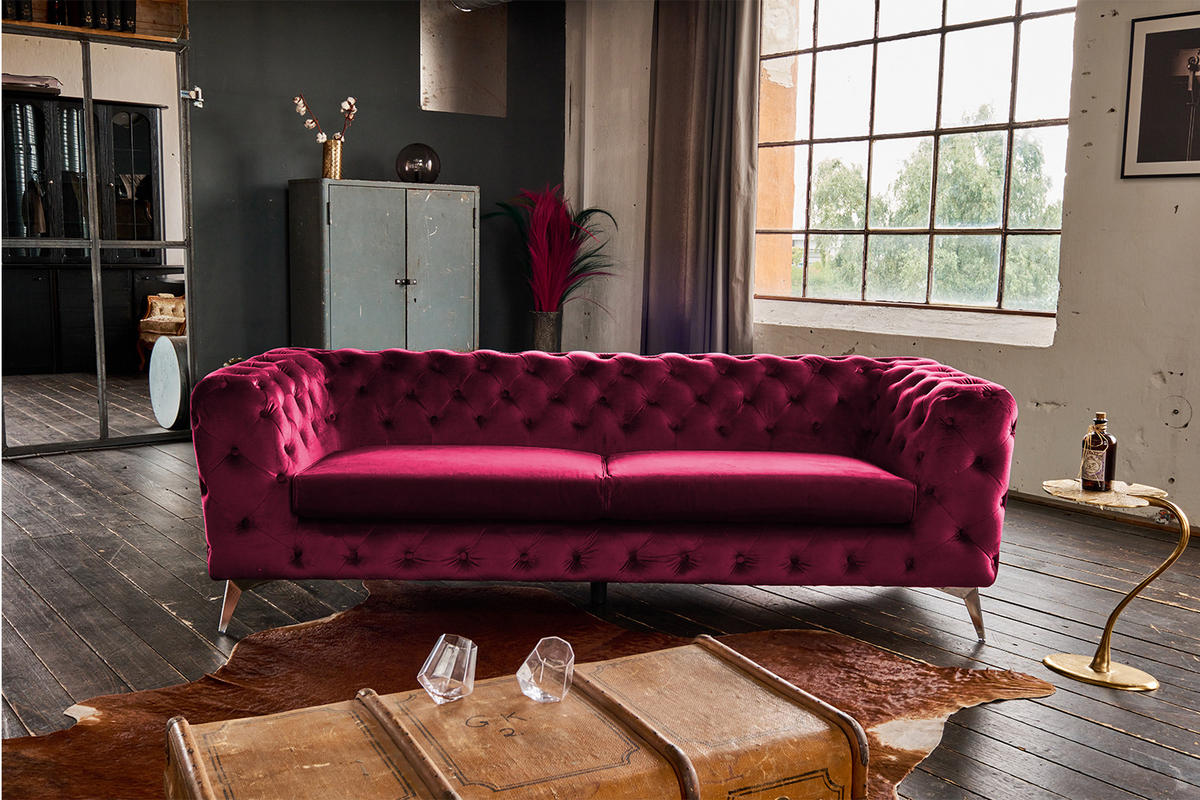 SOFA NARLA Pink Velvet - Pink/Silberfarben, Textil (219/68/84cm) - KAWOLA