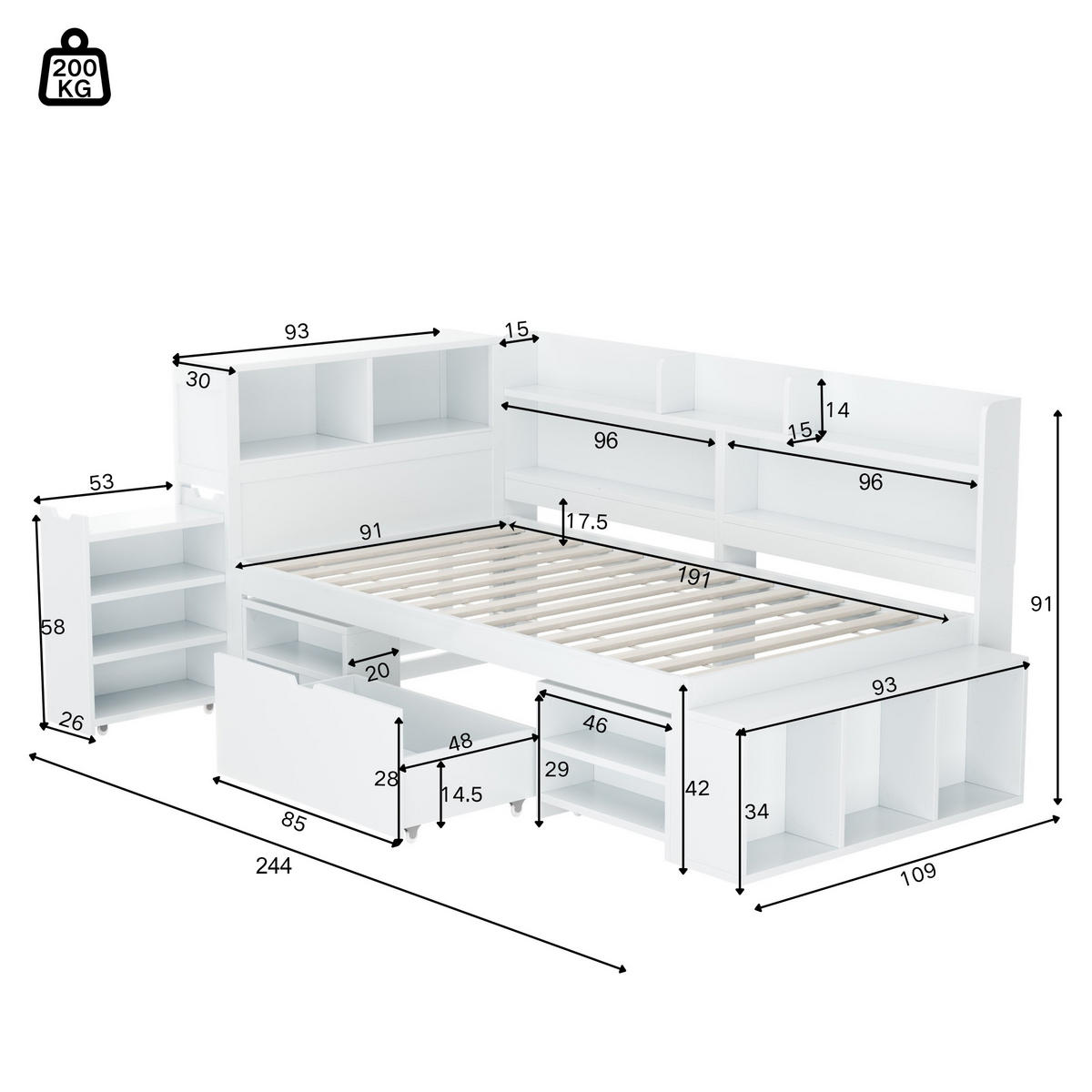 KINDERBETT 90/190 cm Weiß mit Stauraum und Lattenrost aus Sperrholz Ohne Matratze - Weiß, Holzwerkstoff (90/190cm) - OKWISH