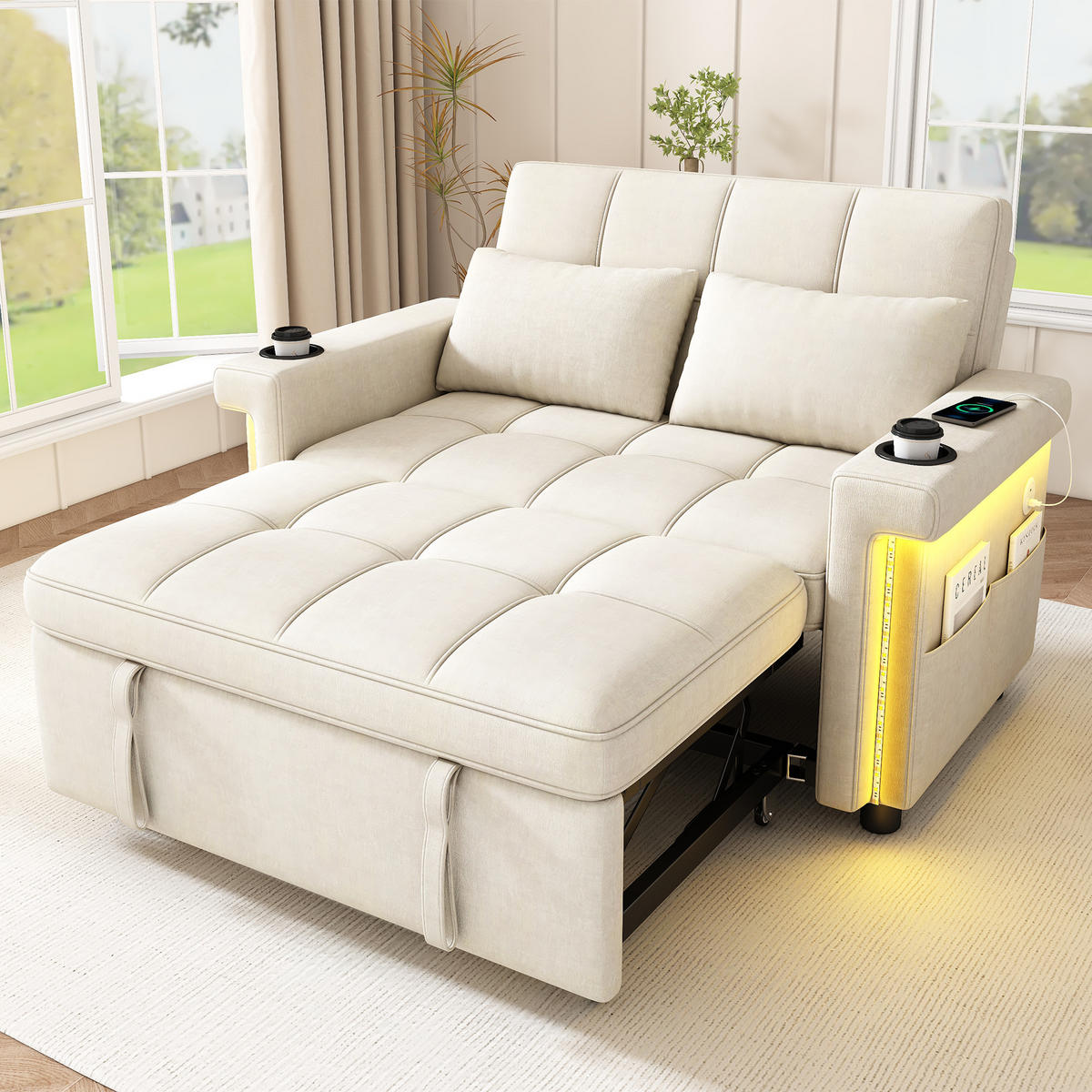 SCHLAFSOFA 2-Sitzer, Beige, Chenille, LED, USB/Type-C - Beige, Textil (141.5/90/145cm)