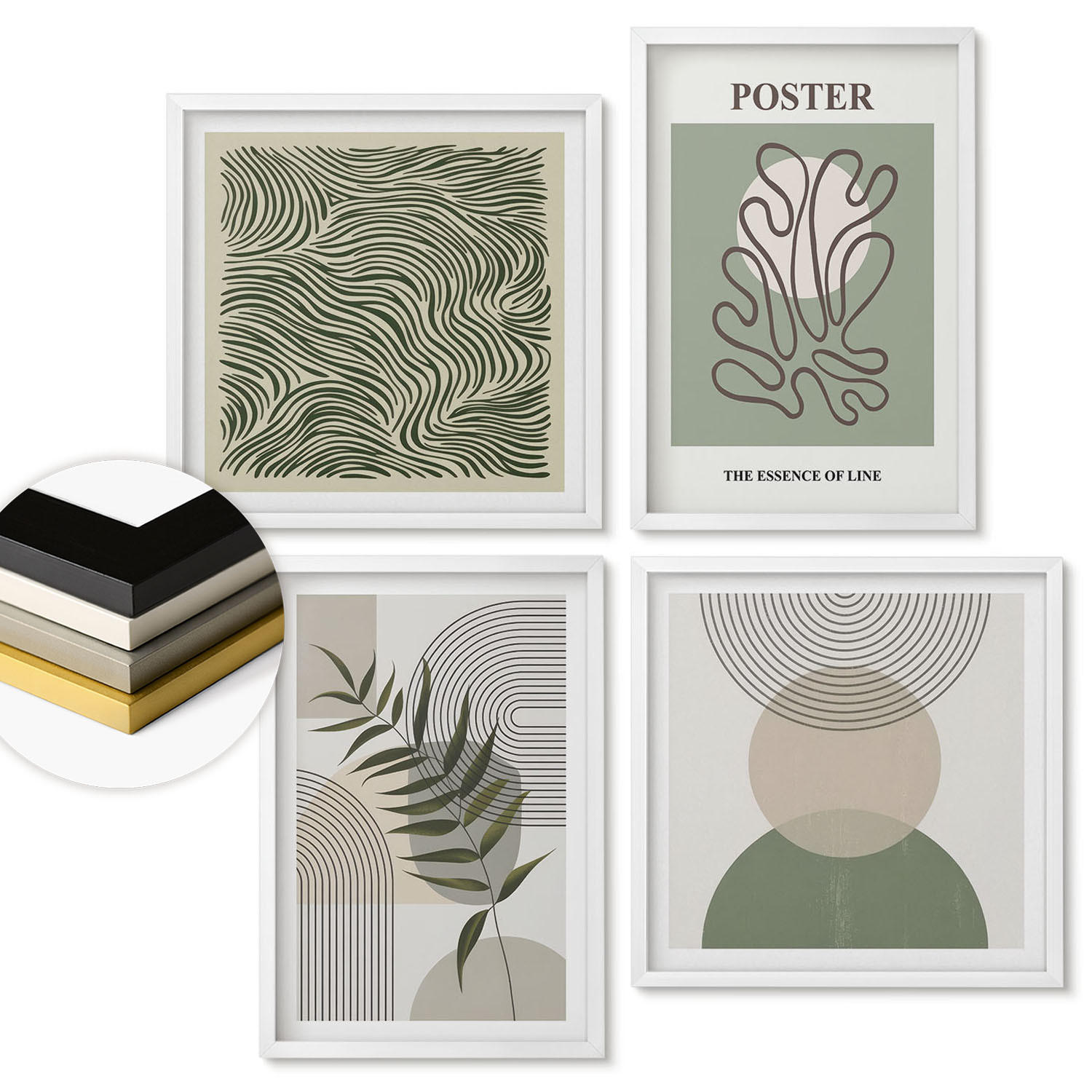 WANDBILDER 4er-Set - 50x50 cm & 40x60 cm Weißer Rahmen - Geometrische botanische Muster - Weiß, Kunststoff (50/50cm) - ArtPrintCave