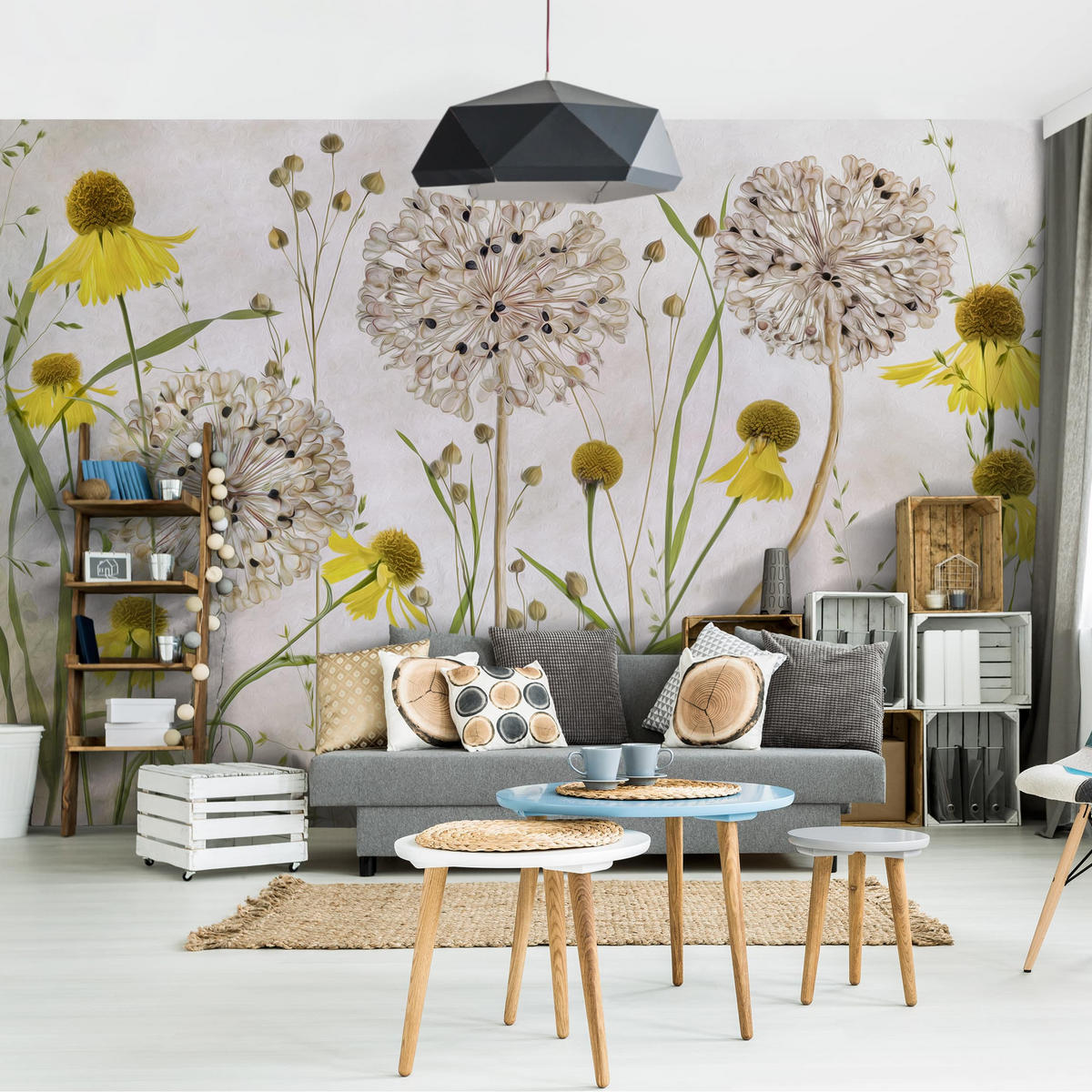 FOTOTAPETE Allium und Helenium Illustration 336/225 cm - Eichefarben, Papier (336/225cm) - Bilderwelten