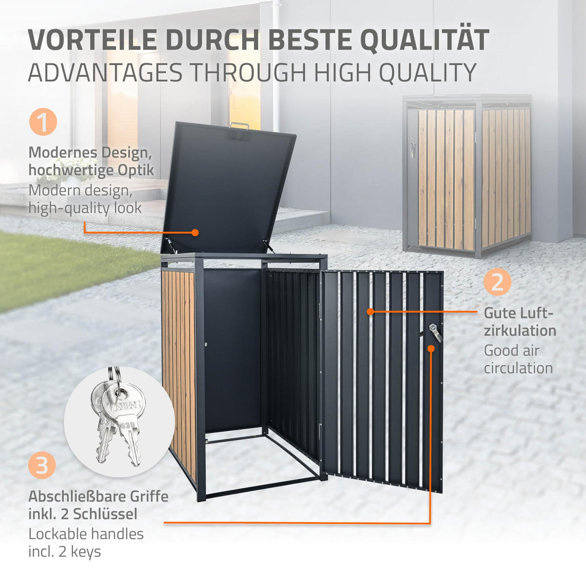 MÜLLTONNENBOX 1er Anthrazit-Eichenoptik - Dunkelbraun, Metall (80/116.3/68cm) - ML-DESIGN
