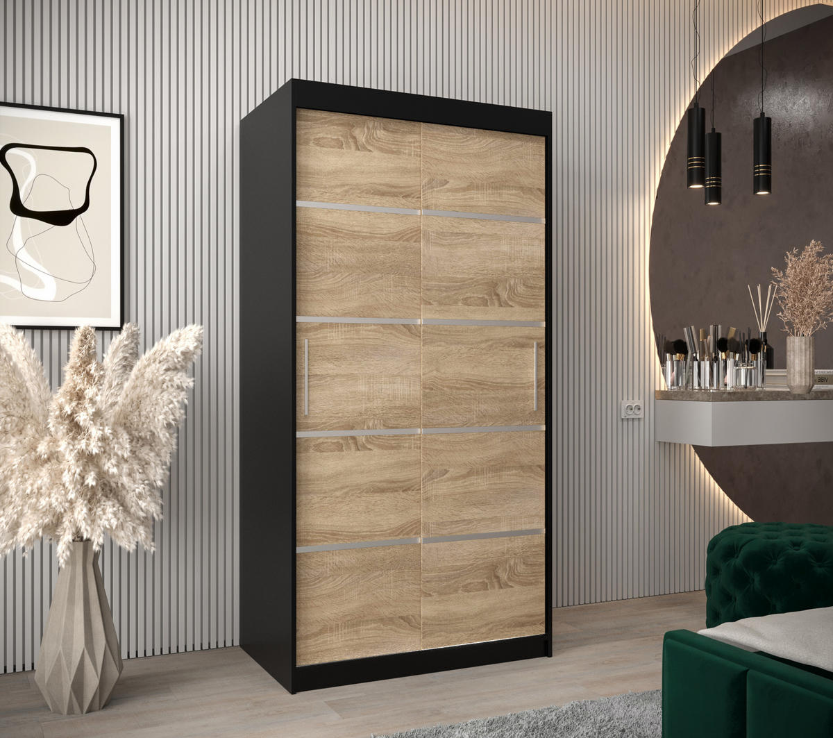 SCHWEBETÜRENSCHRANK 200/100/62 2-türig - Silberfarben/Schwarz, Holz/Kunststoff (100/200/62cm) - Abiks Möbel