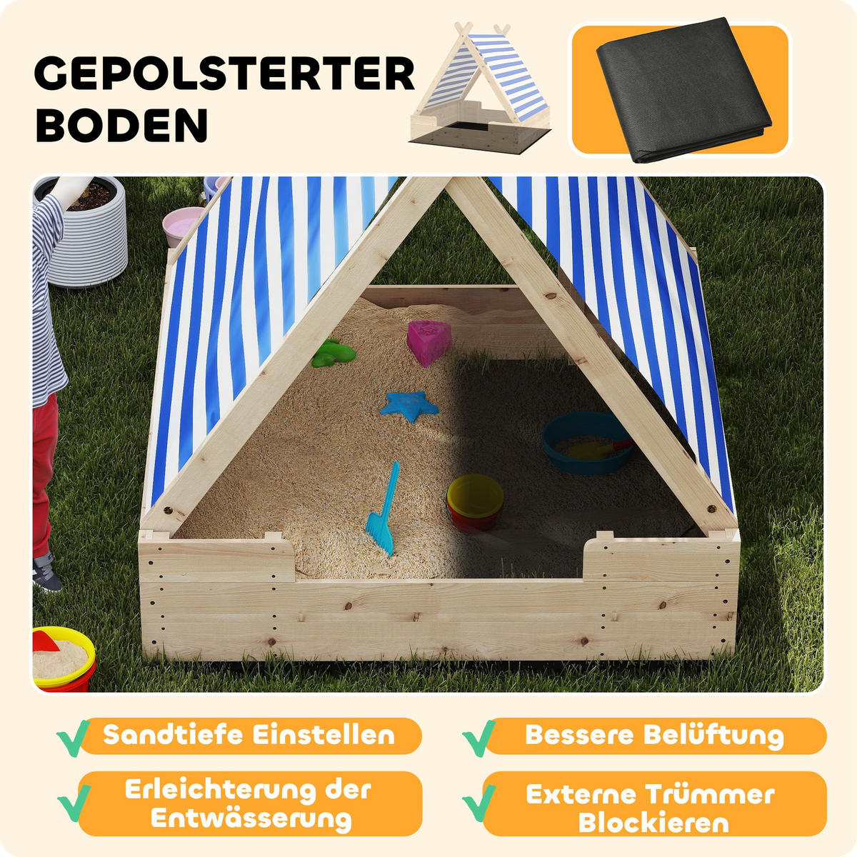 SANDKASTEN, Naturholz, Tannenholz, Polyester - Naturfarben, Holz (120/120/126.5cm) - AIYAPLAY