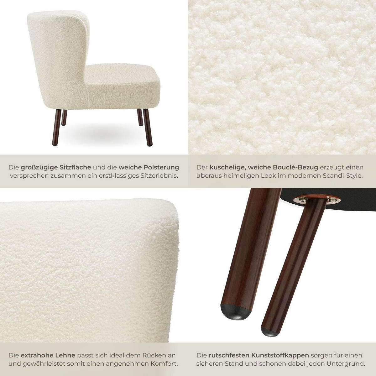 COCKTAILSESSEL Teddy Robina, 61 x 68 x 69 cm, Bouclé off-white - Weiß, Kunststoff (61/69/68cm) - tectake