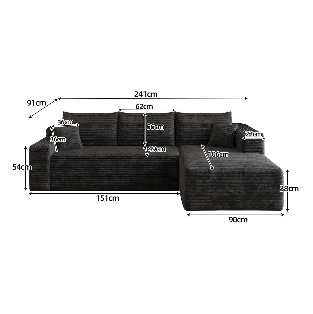 ECKSOFA 241 cm aus Stoff mit Cordbezug und ohne Montage Schwarz - Schwarz, Textil (151/241cm) - Modenvie