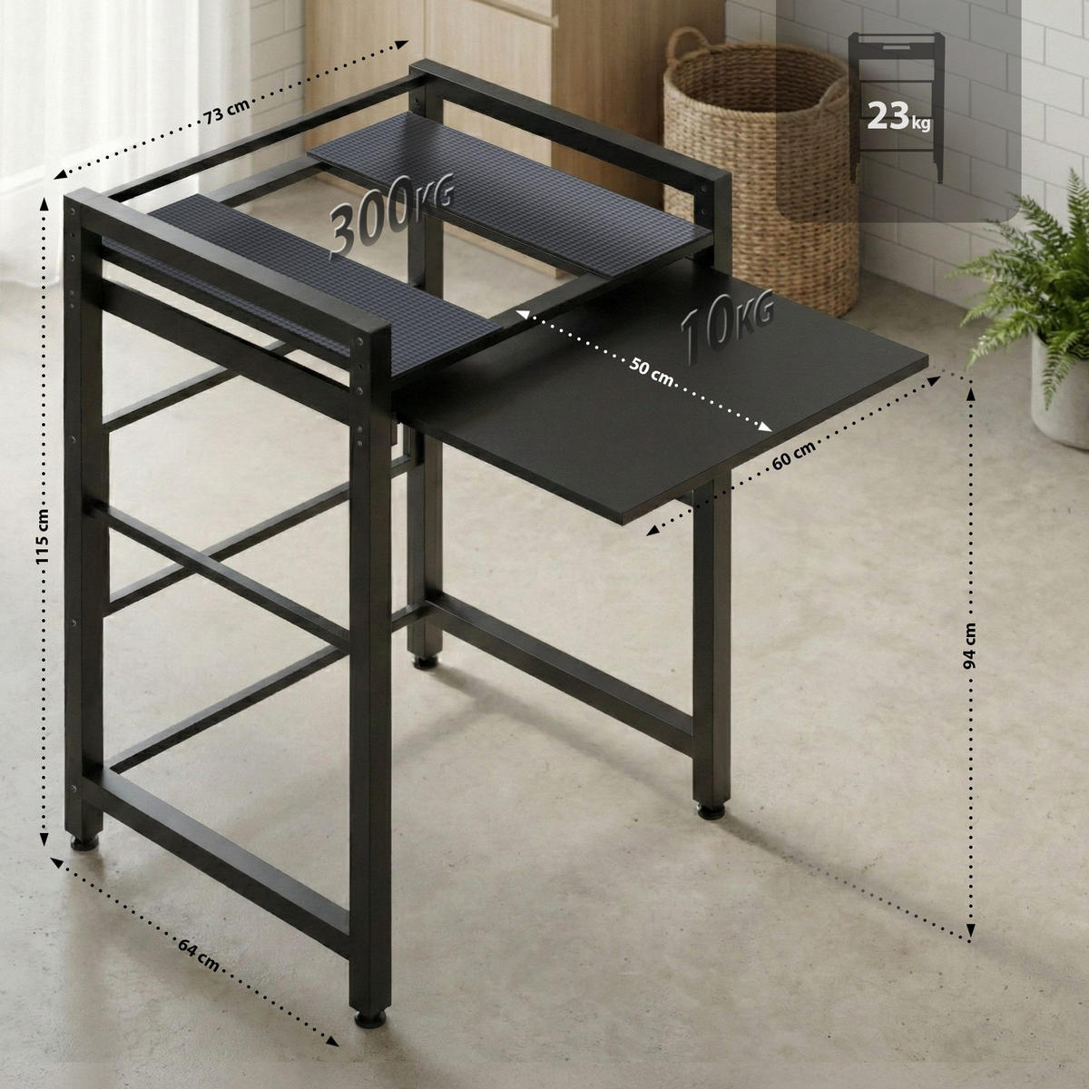 WASCHMASCHINENREGAL Klaus Ausziehboden 73x64x115cm Metall Schwarz Waschmaschinenuntergestell - Schwarz, Metall (73/115/64cm) - DELUKE