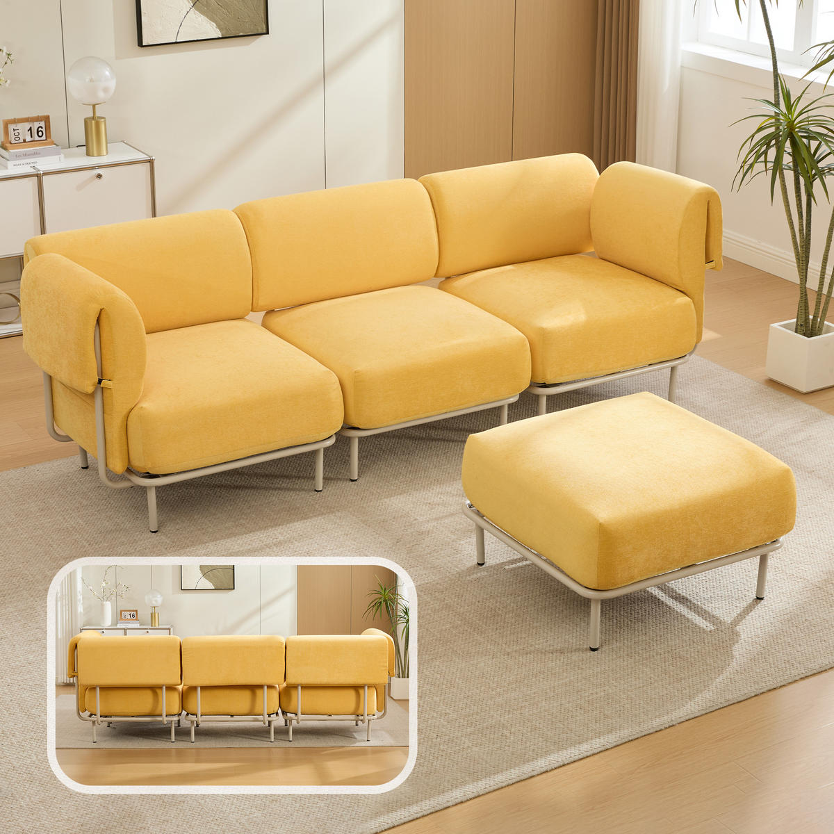 ECKSOFA 251/155/78 cm Senfgelb Chenille mit 1 Fußhocker - Currygelb/Grau, Textil (155/251cm) - Oxeza