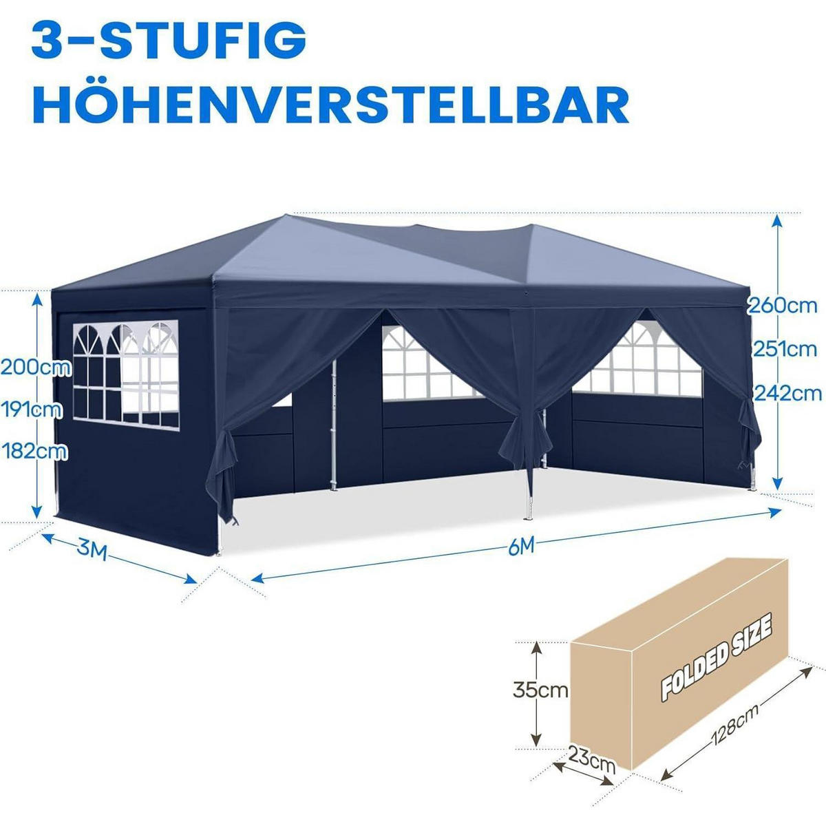 FALTPAVILLON 3x6m Dunkelblau wasserdicht mit Seitenwänden - Dunkelblau, Textil (256/256/256cm)