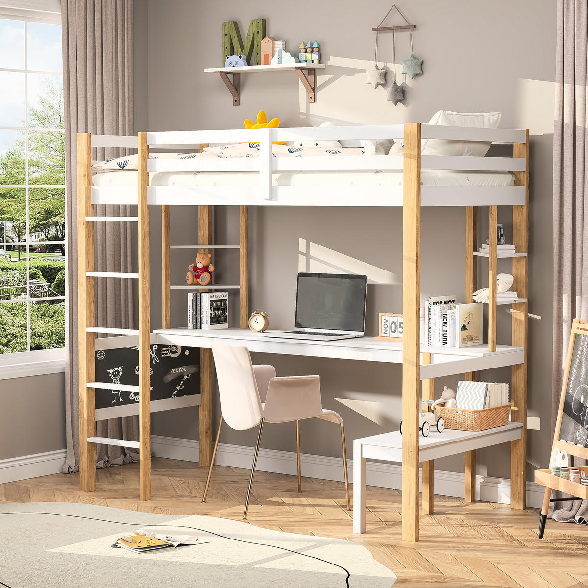 ETAGENBETT 90x200 Weiß mit Treppe - Weiß, Metall (90/200cm) - SHOPENTRA