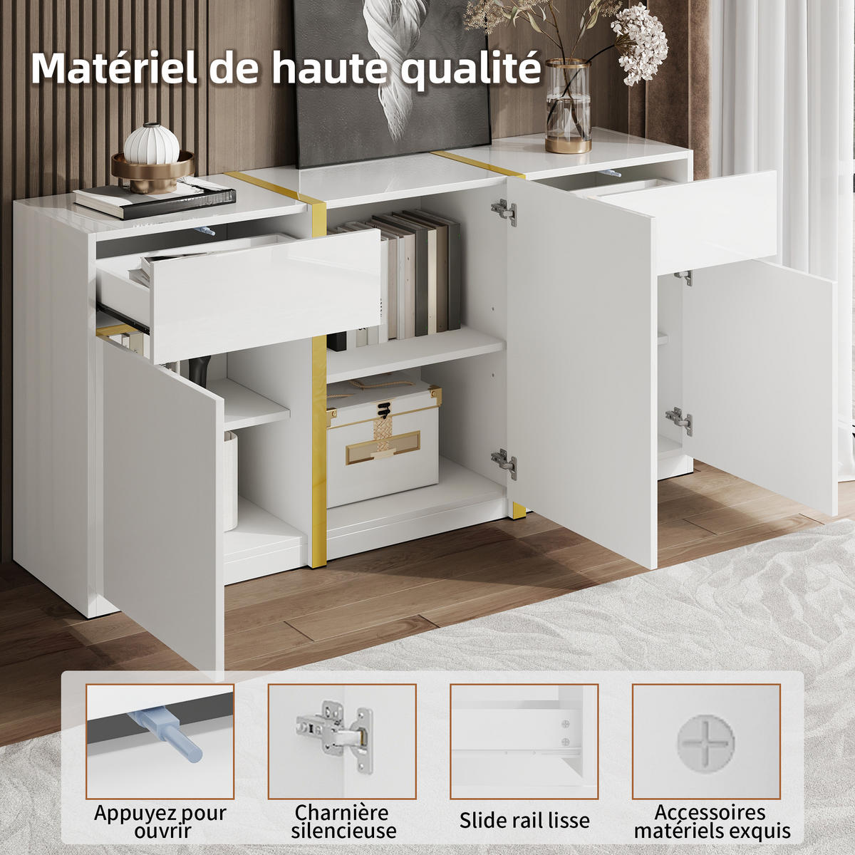 SIDEBOARD DE-37505 160/40/78 cm mit Hochglanz und Goldakzenten Weiß - Weiß, Holzwerkstoff (160/78/40cm) - ComfortXL