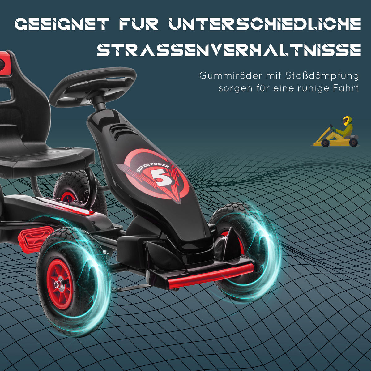 GOKART, Kinderfahrzeug mit verstellbarem Schalensitz, Tretauto, Rot+Schwarz - Rot, Metall (121/58/61cm) - HOMCOM