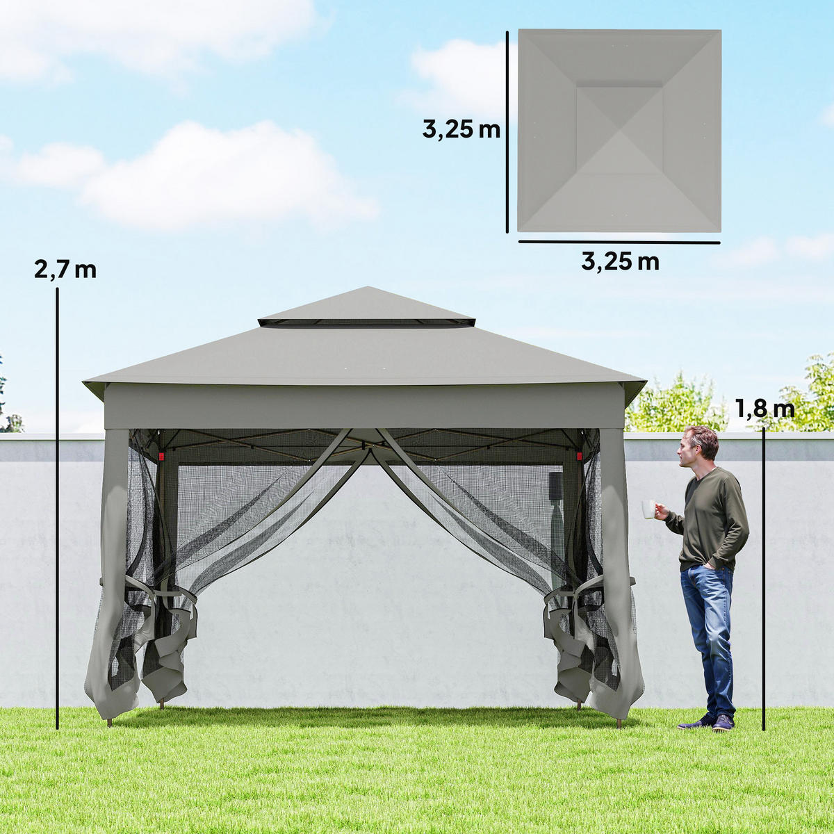 PAVILLON DE-14067 3/3 m, Doppeldach, 4 Moskitonetze - Grau, Metall (325/270/325cm) - ComfortXL