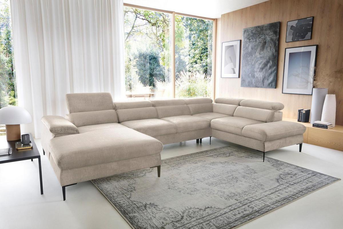 WOHNLANDSCHAFT MESTO Creme Velours-Stoff mit Schlaffunktion - Creme, Holz (353/94/182cm) - MASSENO